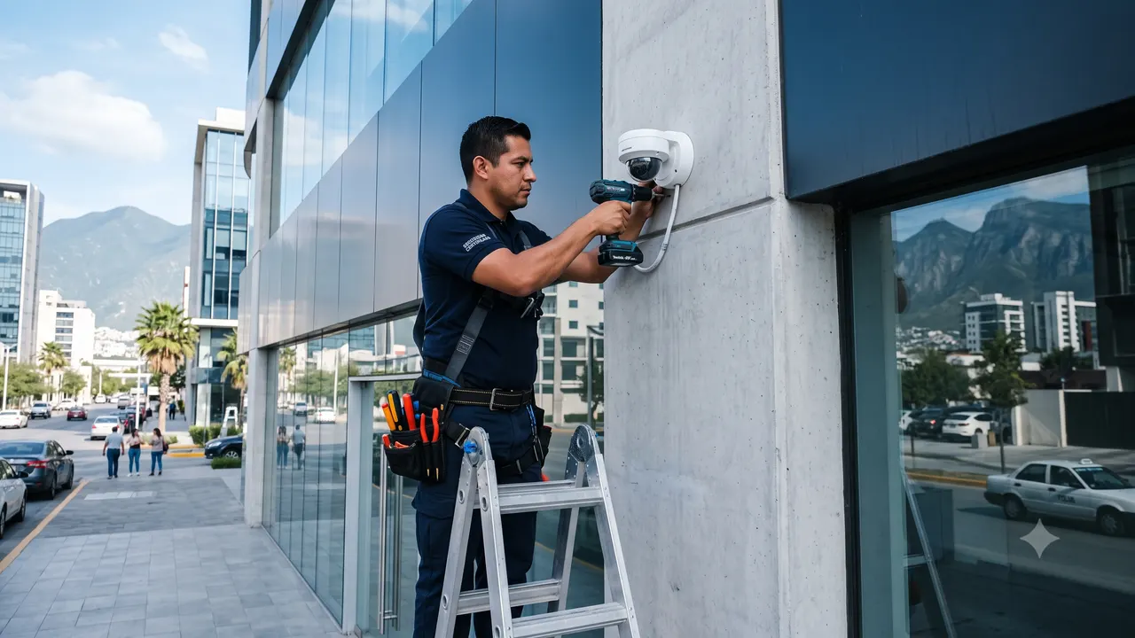 Técnico instalando cámaras de seguridad en Monterrey